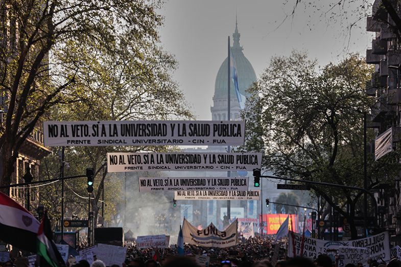 University students, professors and union groups march toward the National Congress to reject President Javier Milei’s veto of the University Financing Law, in Buenos Aires, Argentina, on 17 September 2025.