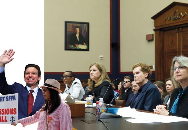 Montage of Presidents before the House Education and Workforce Committee at the Rayburn House Office Building, Ron DeSantis waving and a protester with a fair admissions for all banner