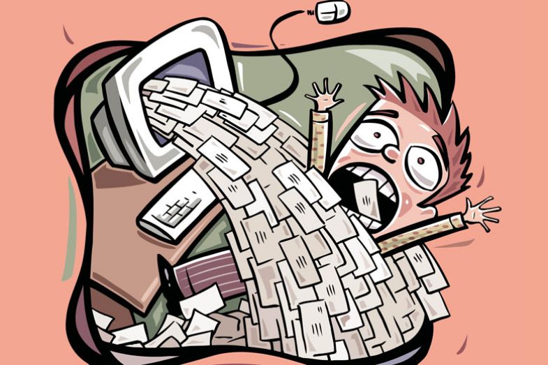 Illustration of a person covered in envelopes falling out of a computer screen to illustrate to much spam from University emails.