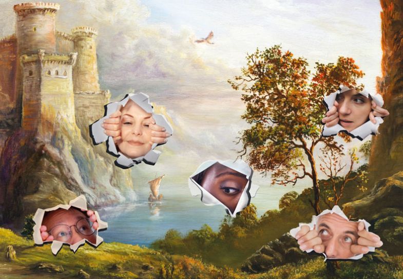 Montage of people peeking through a painting