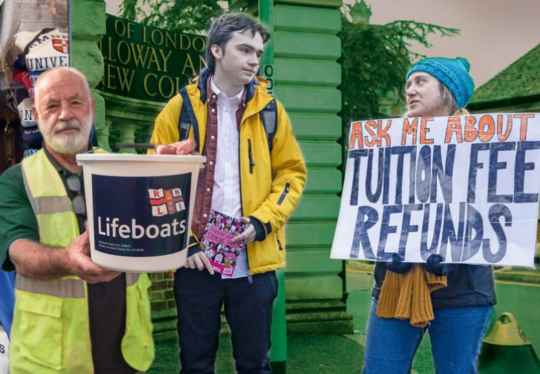 Montage of lifeboat volunteer and tuition fee protesters to illustrate Why UK universities are really going broke