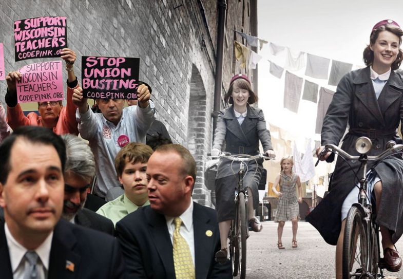 Montage of Wisconsin governor Scott Walker and members of Code Pink with an image from the Drama Call the Midwife