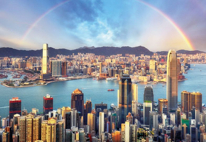 Rainbow over Hong Kong city skyline