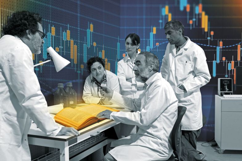Collage people in white lab coats with book on table and graph on wall