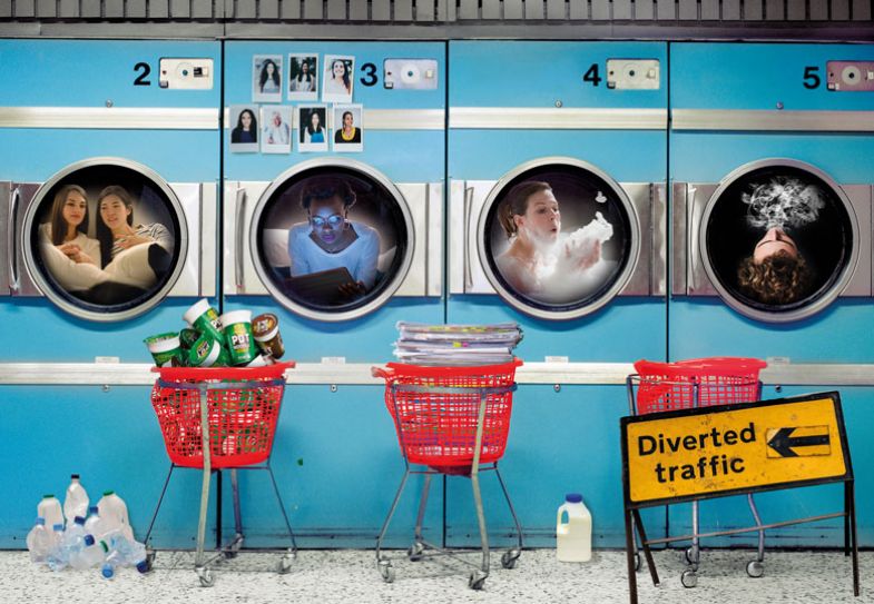 Montage of a launderette with faces in each machine