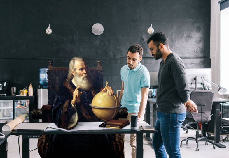 Galileo looking at globe with modern day group
