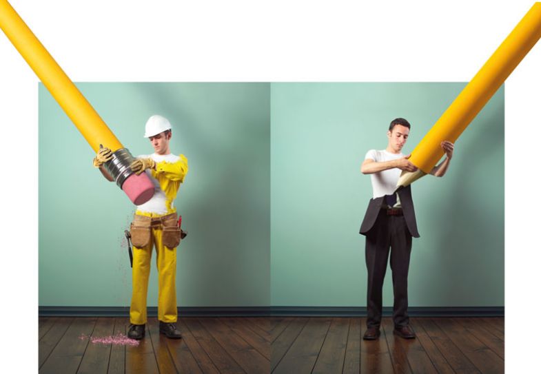 Construction worker and businessman erasing and drawing their outfits with a giant pencil
