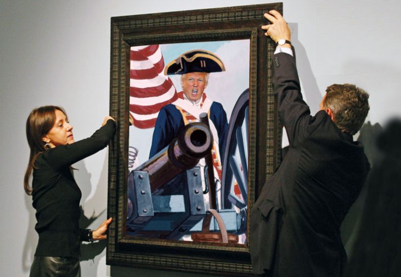 Montage of painting placed on wall with  Donald Trump's head in the painting