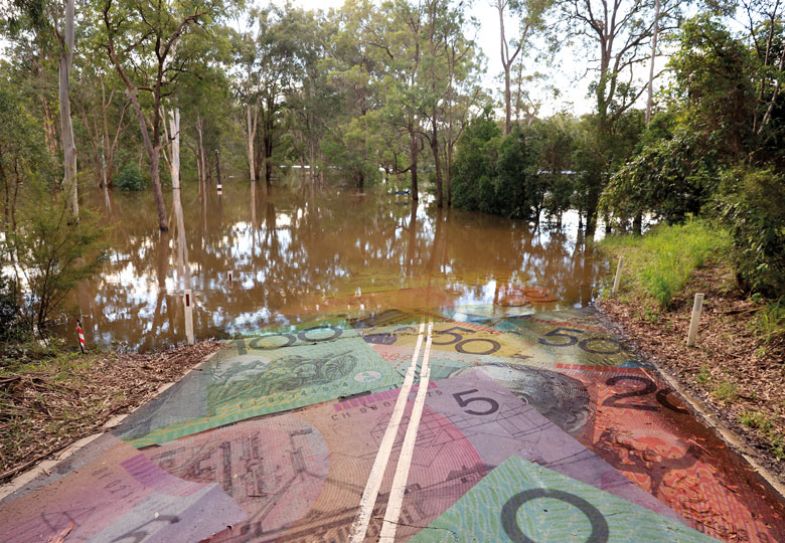 Bank notes along the ground path sinking into flooded water to illustrate the cost of living crisis