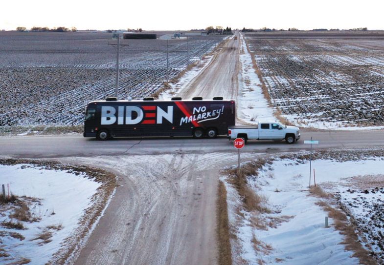  An aerial view shows the campaign bus of Democratic presidential candidate, former Vice President Joe Biden  as it travels from a campaign stop in Algona
