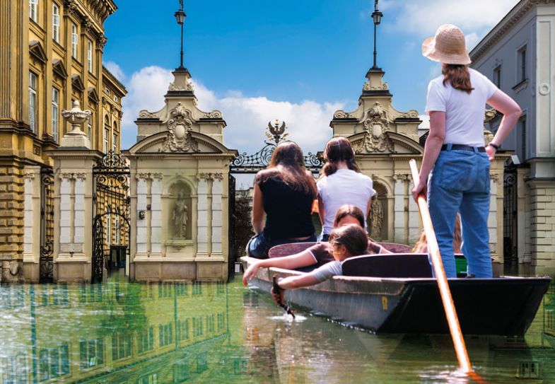 Montage of people on row boat with the gates of Warsaw University and the main building. Poland to illustrate The price of not fitting in