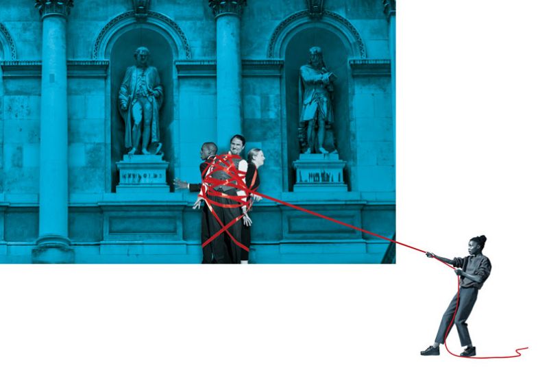 Montage person pulling people tied in red tape