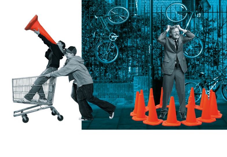 Montage of a person standing in circle red cones with people playing in shopping trolly with one red cone