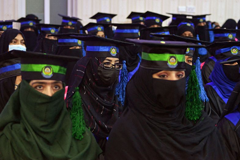 Female students from the faculties of engineering and computer science attend their graduation ceremony at Benawa University in Kandahar, Afghanistan on 17 March 2022. Female students from the faculties of engineering and computer science attend their graduation ceremony at Benawa University in Kandahar, Afghanistan on 17 March 2022.