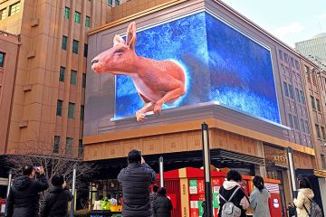 People take photos of a naked-eye 3D kangaroo appearing on an outdoor screen in Beijing, China. As an illustration that offshore education by Australian universities in China can require conditions that would never be tolerated at home.