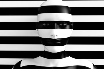 3D rendering of a womans face trying to blend in with the black and white striped background