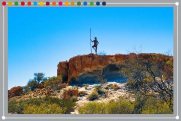 Giant stylised silhouette of an Aboriginal man with spear in the Western Australian outback near Mount Magnet. To illustrate Australia claiming top billing in the Impact Rankings 2025.
