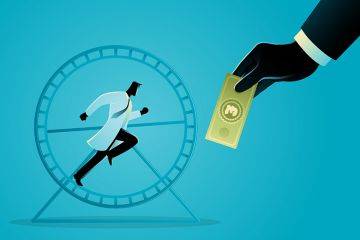 Person in a lab coat on a treadmill with a manager’s hand holding money in front of them. To illustrate that financial problems are causing universities to double down on an officious management style that is sapping academic morale.