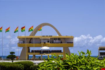 ACCRA,GHANA - APRIL 11 2018 Black Star Square. Independence Arch and flags of Ghana in Accra's Independence Square, site of Independence Day parades and national celebrations ACCRA,GHANA - APRIL 11 2018 Black Star Square. Independence Arch and flags of Ghana in Accra's Independence Square, site of Independence Day parades and national celebrations