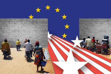 People from Afirca walking towards a brick wall blocking access to Europe, whilst the US stars and stripes gain access through the wall. To illustrate European universities welcoming scientists from the US, despite worse conditions elsewhere.
