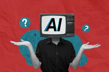 Man shrugging with AI on a screen as his head. To illustrate doubts of academics on what is an acceptable use of AI.