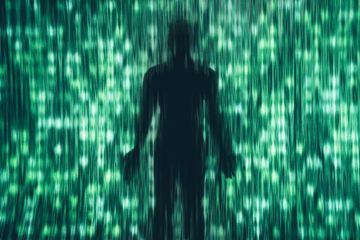A dark human silhouette stands behind a curtain of vertical green light streaks and digital patterns A dark human silhouette stands behind a curtain of vertical green light streaks and digital patterns