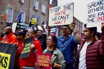 Thousands gather to protest against racism following the recent assault of an Indian national in the Tallaght area, in Dublin, Ireland on 26 July, 2025. Demonstrators were calling for justice and stronger protections for migrants in Ireland.