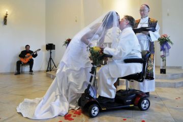 Archbishop Richard Gundrey performs wedding ceremony, Pojoaque, New Mexico