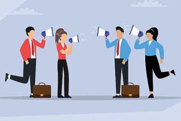 Figures in red and blue shout at each other through megaphones