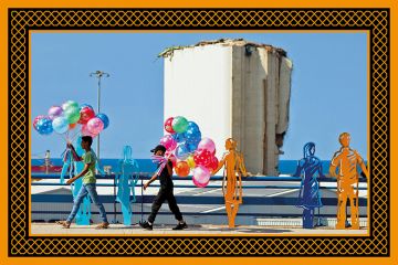 Young street vendors selling balloons walk past sculpted figures representing people staring at the devastation on a sidewalk overlooking the port of Beirut on August 4, 2024
