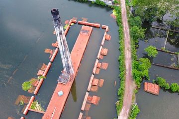  Aerial view of flooded brick factory during rainy season in Dhaka, Bangladesh