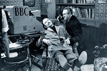 Actors Alan Wheatley and Raymond Francis in Sherlock Holmes, with a BBC camera. To illustrate that historians are unable to find material held at the BBC Written Archives Centre due to the suspension of vetting requests.
