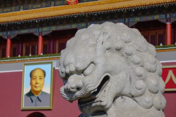 Beijing, China - Mar 1, 2018. A lion station at Gugong (Imperial Palace Museum, Gate of Chastity, Tiananmen) of Beijing, China.