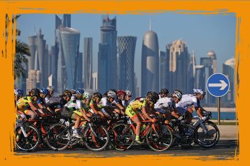 The bicycle peloton rides around in Doha, Qatar. To illustrate the movement of scholars into Gulf countries.