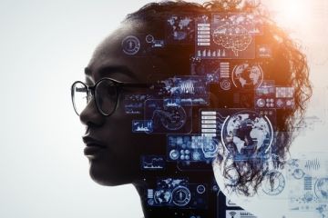 Data graphs projected onto a black woman's face Data graphs projected onto a black woman's face