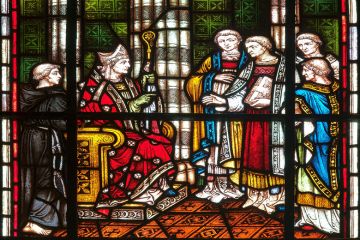 Bishop Grosseteste in the Norman built cathedral at Lincoln, England: stained glass window in the chapter house of the cathedral. Lincoln Bishop university was formerly named Bishop Grosseteste University.