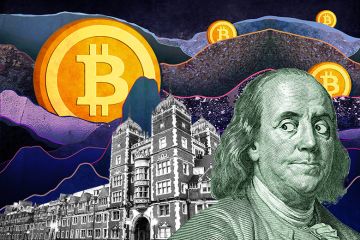 Montage of fluctuating bitcoin, University of Pennsylvania and Benjamin Franklin. To illustrate whether universities should accept donations in cryptocurrencies. Montage of fluctuating bitcoin, University of Pennsylvania and Benjamin Franklin. To illustrate whether universities should accept donations in cryptocurrencies.