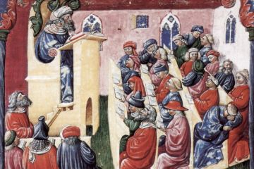 14th century image showing lecture to students in Bologna