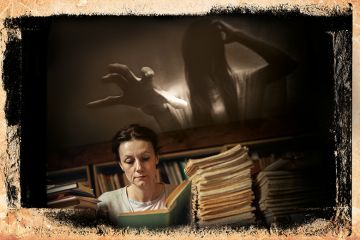 Montage of woman reading with ghost Montage of woman reading with ghost