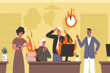 Suited figures argue while their office burns Suited figures argue while their office burns