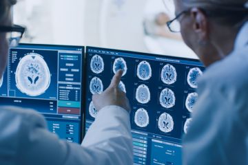 Two people examine brain scans on a computer
