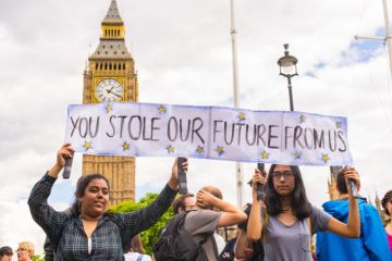 Students at a protest against Brexit in front of the Houses of Parliament, June 2016