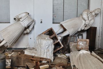 Broken statues vandalised in studio of sculptor Nikolas Pavlopoulos, Athens, Greece