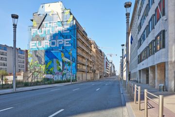 Brussels, Belgium - April 07, 2020 The Law street at Brussels without any people and car during the confinement period.