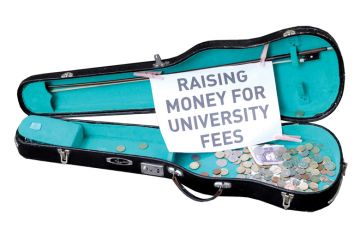 Busker's guitar case collecting money for university fees Busker's guitar case collecting money for university fees