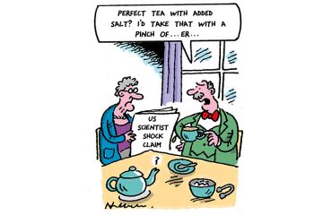 Cartoon: Elderly man and woman sit at breakfast table. She's reading a paper with headline ‘US scientist shock claim’. He says: 'Perfect tea with added salt? I'd take that with a pinch of...er...’