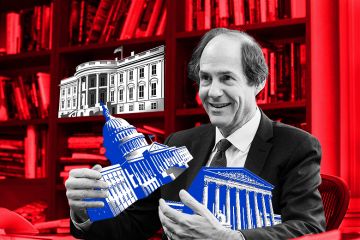 Montage of Cass Sunstein in his office at Harvard Law School, holding the Supreme Court and the Capitol building in his arms, with the White House on a bookshelf. To illustrate separation of powers.