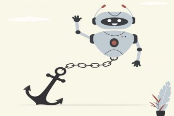 A robot on a chain, symbolising guidelines for AI use