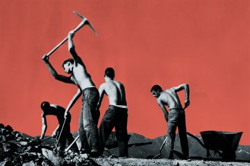 A chain gang works with pickaxes against a red background