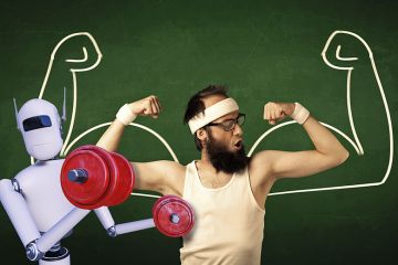 Man flexes biceps while a robot lifts weights Man flexes biceps while a robot lifts weights